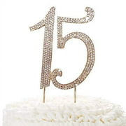 15 Gold Cake Topper | Premium Sparkly Crystal Rhinestones | 15th Birthday or Anniversary Party Decoration Ideas | Quality Metal Alloy | Perfect Keepsake Fifteen