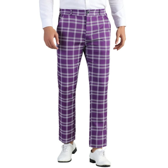 INSPIRE CHIC Men's Dress Pant Flat Front Stretch Business Plaid Pants 36 Purple