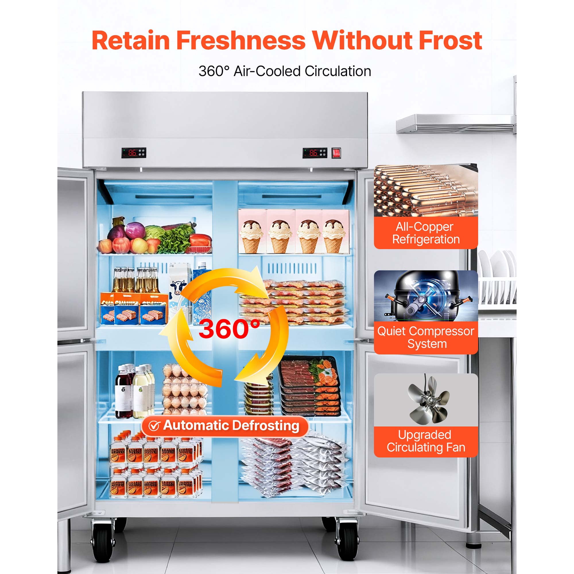 KFFKFF Commercial Refrigerator and Freezer Combo, Upright Unit, Stainless Steel