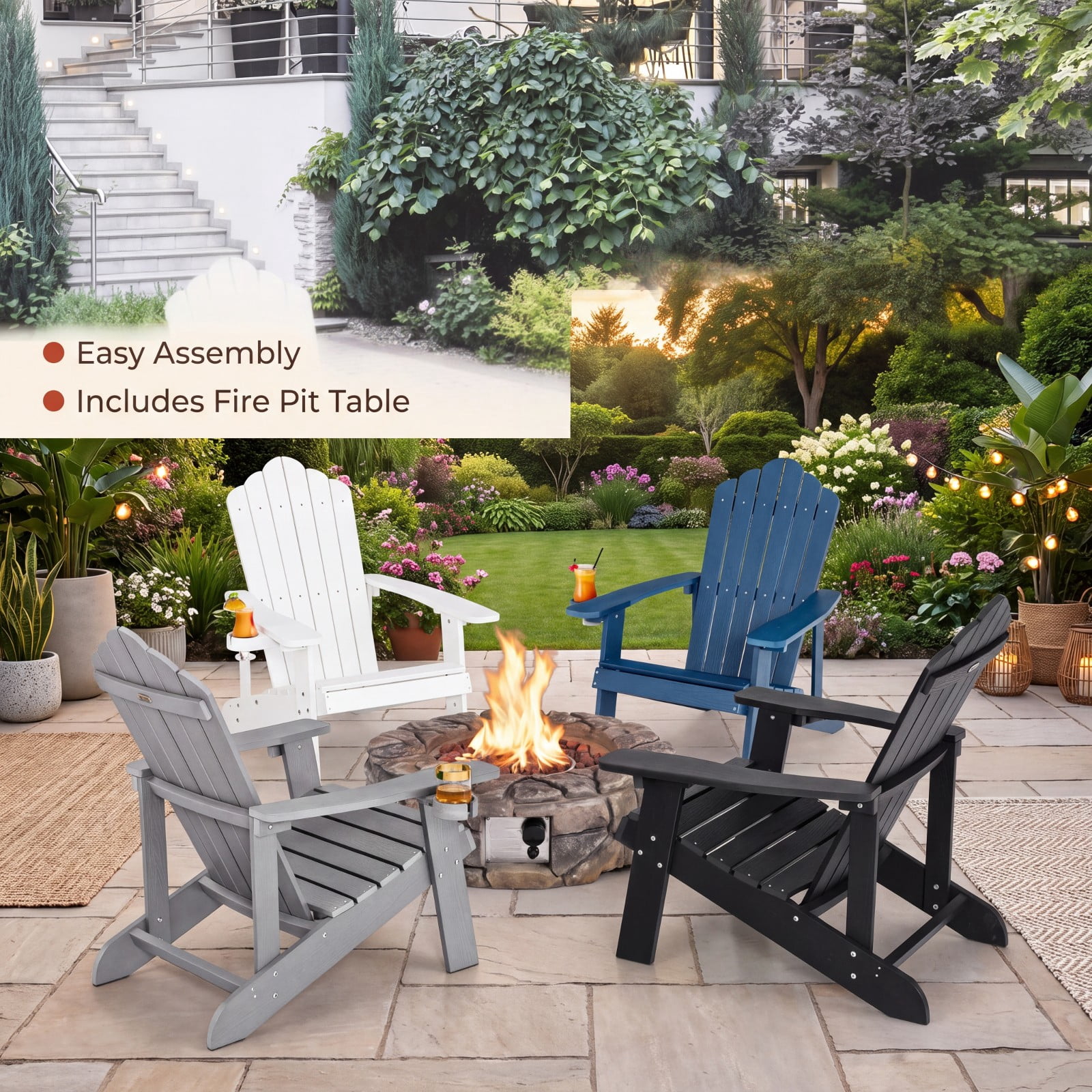 Furnibear Weather Resistant HIPS Outdoor Adirondack Chair with Hidden Cup Holder and High Backrest for Garden Patio and Poolside, Navy