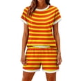 thumbnail image 4 of Domzest Womens Two Piece Short Sets Short Sleeve Crew Neck Striped Shirts & Elastic Waist Shorts 2026 Summer Lounge Set for Both Homewear and Going Out Saffron L, 4 of 6