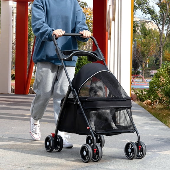 mwptoo 4 Wheels Dog Cat Stroller, Outdoor Travel Pet Folding Stroller, Dog Cat Cage Stroller with Cup Holder, for Medium Small Dog