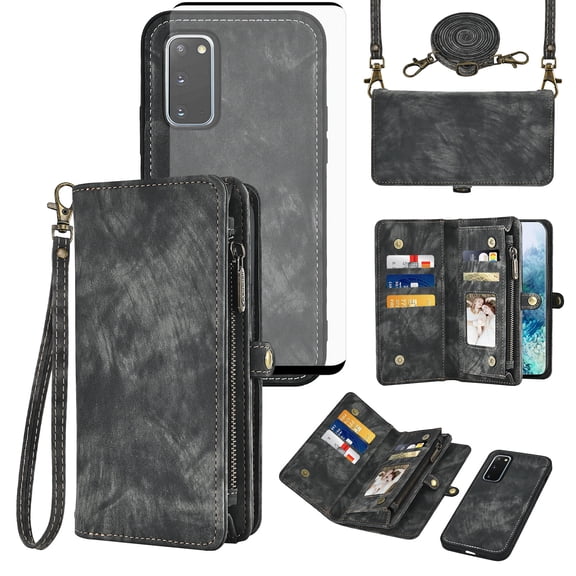 Asuwish Phone Case for Samsung Galaxy S20 5G 6.2 inch Zipper Wallet Detachable Cell Cover with Tempered Glass Screen Protector Crossbody Lanyard Strap Flip Card Holder S 20 20S UW S2O G5 Women Black