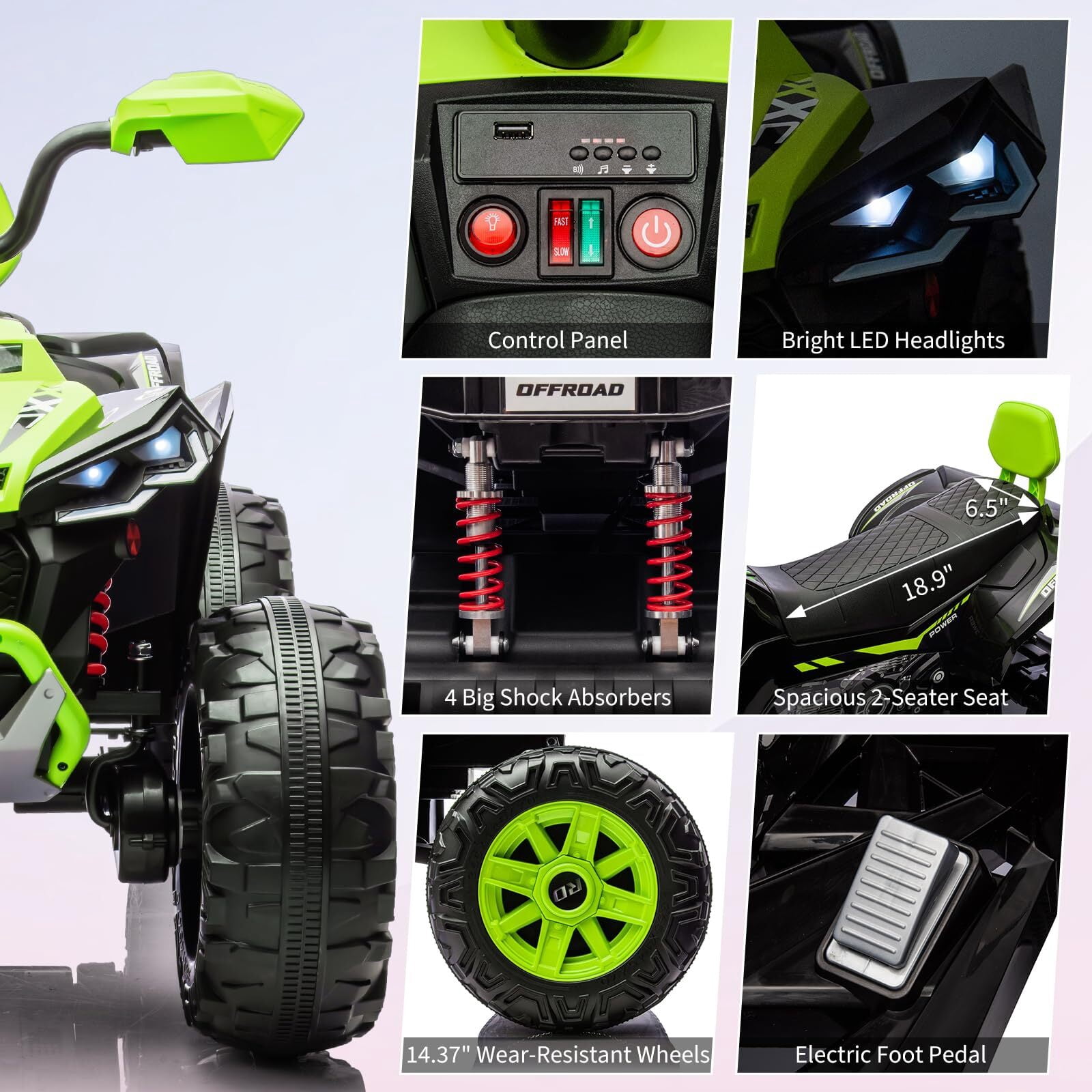 24 Volt Kids ATV Ride-On, Electric Dual 4 Wheeler with 2-Seater, Ride on Toys for Big Kids with Bluetooth, LED Lights, Music, High Low Speed, Green