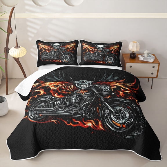 Castle Fairy Skull Motorcycle Twin Quilt Set,Flame Print Twin Coverlet Set for Bedroom,Black Red