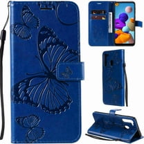 Dteck Samsung Galaxy A21 6.5 inch 2020 Case 3D Butterfly Pattern Premium PU Leather Flip Cover Wallet Kickstand Magnetic Closure Credit Card Slots Holder Wrist Strap for Samsung Galaxy A21, blue