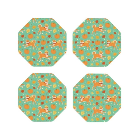 

Fuzoiu Cute Shiba And Pumpkins Print Leather Coasters Set Drink Coasters Set of 4 for Tabletop Protection Durable PVC Coasters Home Décor and Housewarming Gift-Octagon