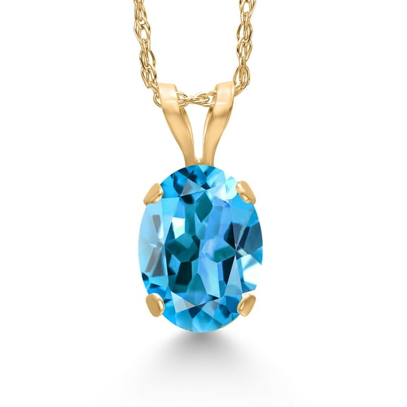 Gem Stone King 1.00 Ct Oval Swiss Blue Topaz 14K Yellow Gold Pendant with Chain