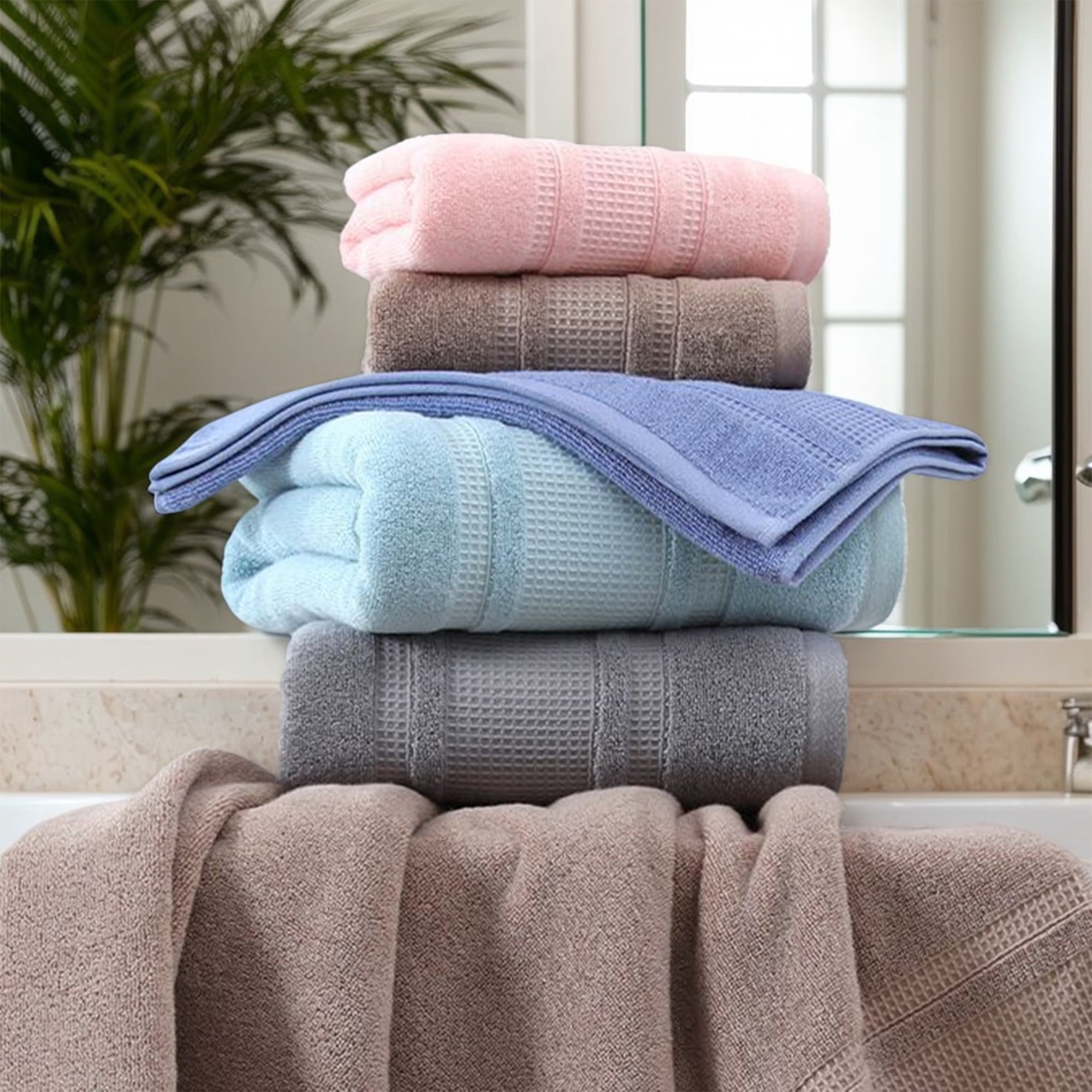 Unique Bargains Waffle Cotton Hand Towel Set of 2 for Bathroom Light Blue