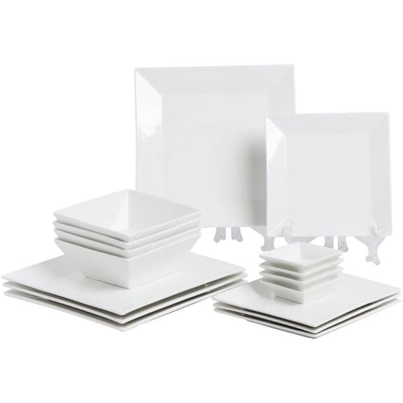 16- Classic Square Dinnerware Set for 4-Square Dinner Plates, Dessert Plates, Bowls & Dipping Saucers, Dishes for 4