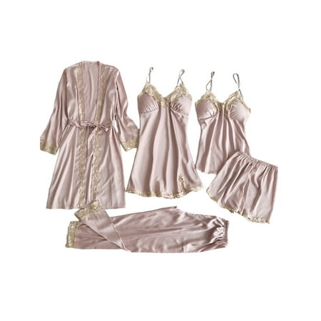 LilyLLL Womens 5pcs Pajamas Suit Satin Silk Nightdress Kimono Robe Lace Lingerie Sleepwear