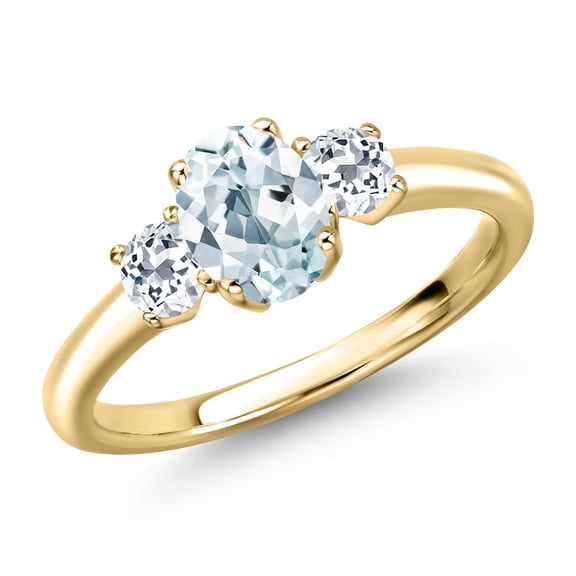 Gem Stone King 10K Yellow Gold Sky Blue Aquamarine and White Topaz Engagement Ring for Women | 1.18 Cttw | Oval 7X5MM | Gemstone March Birthstone | Size 5