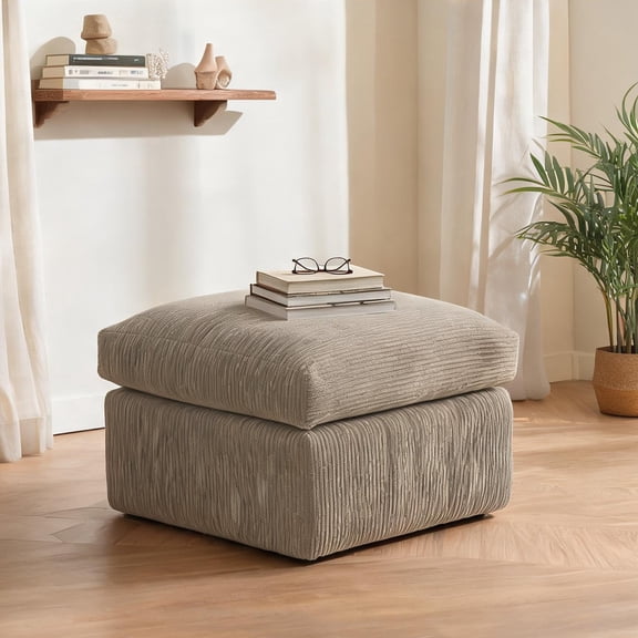 Large Square Corduroy Ottoman, Modern Camel Beige, Metal Legs, 29-Inch