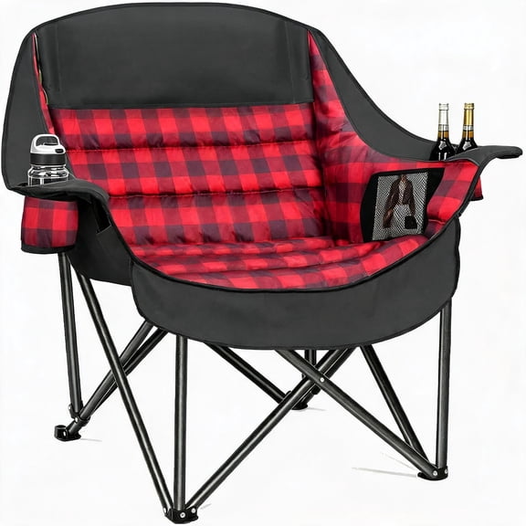 Oversized Padded Camping Chair 400 Lbs Capacity Foldable Lawn Chair Red-Black Plaid Design 40.5"L x 28"W x 39"H