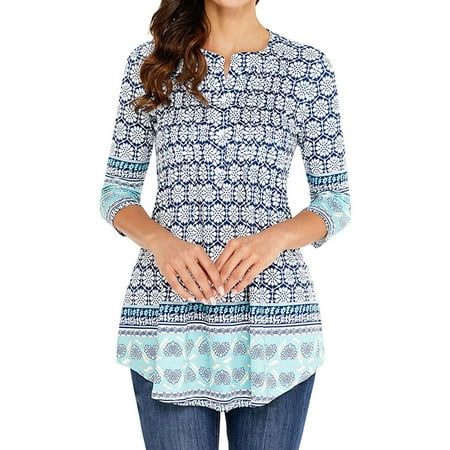 Women Floral Print 3/4 Sleeve Buttons Pleated Front Blouse