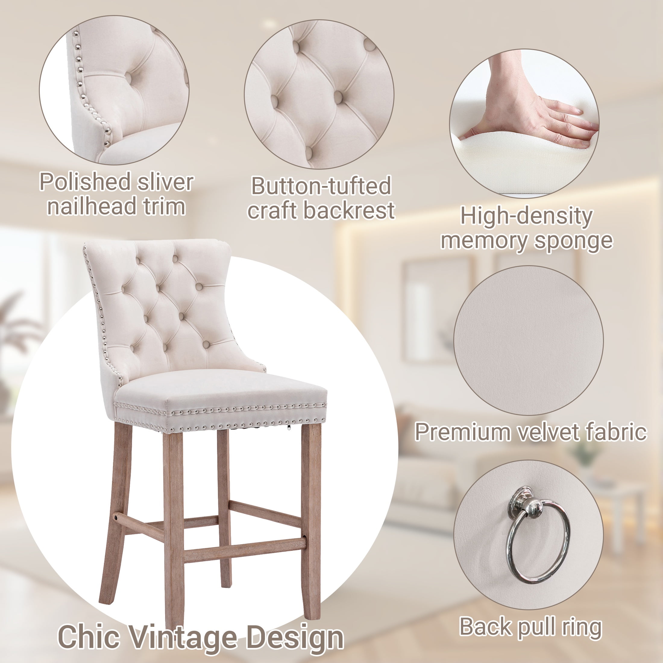 Bar Stools Set of 4, PAPROOS Velvet Bar Stool with Back, Solid Wood Frame & Nailhead Trim, Counter Height Bar Chair Button Tufted Upholstered Seat, Full Back Bar Stools, Beige