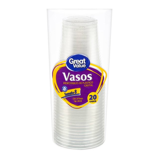 vasos desechables great value cristal premium tamaño 8 20 pzas paquete frontal de 20 vasos transparentes apilados, plástico liso con estrías visibles y etiqueta morada/amarilla con logo Great Value; para bebidas frías o calientes en fiestas, eventos o uso diario, también aptos para medir porciones pequeñas.