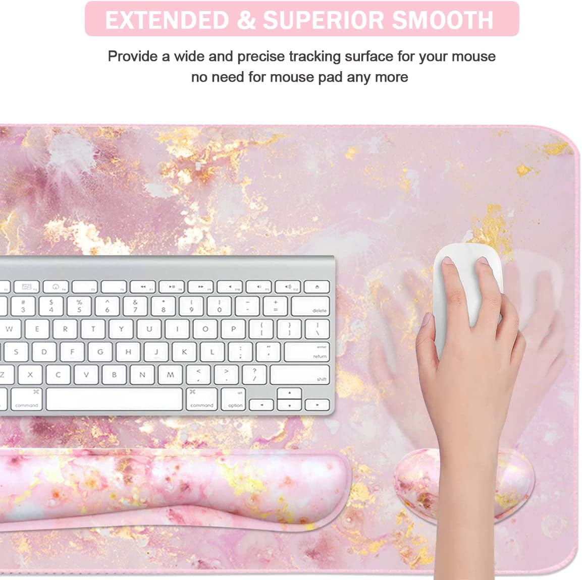 4-in-1 Large Gaming Mouse Pad, Keyboard Wrist Rest Pad & Support Mousepad Set, Extended Desk Waterproof Mat for Home Office Study Game-Pink Gold Marble
