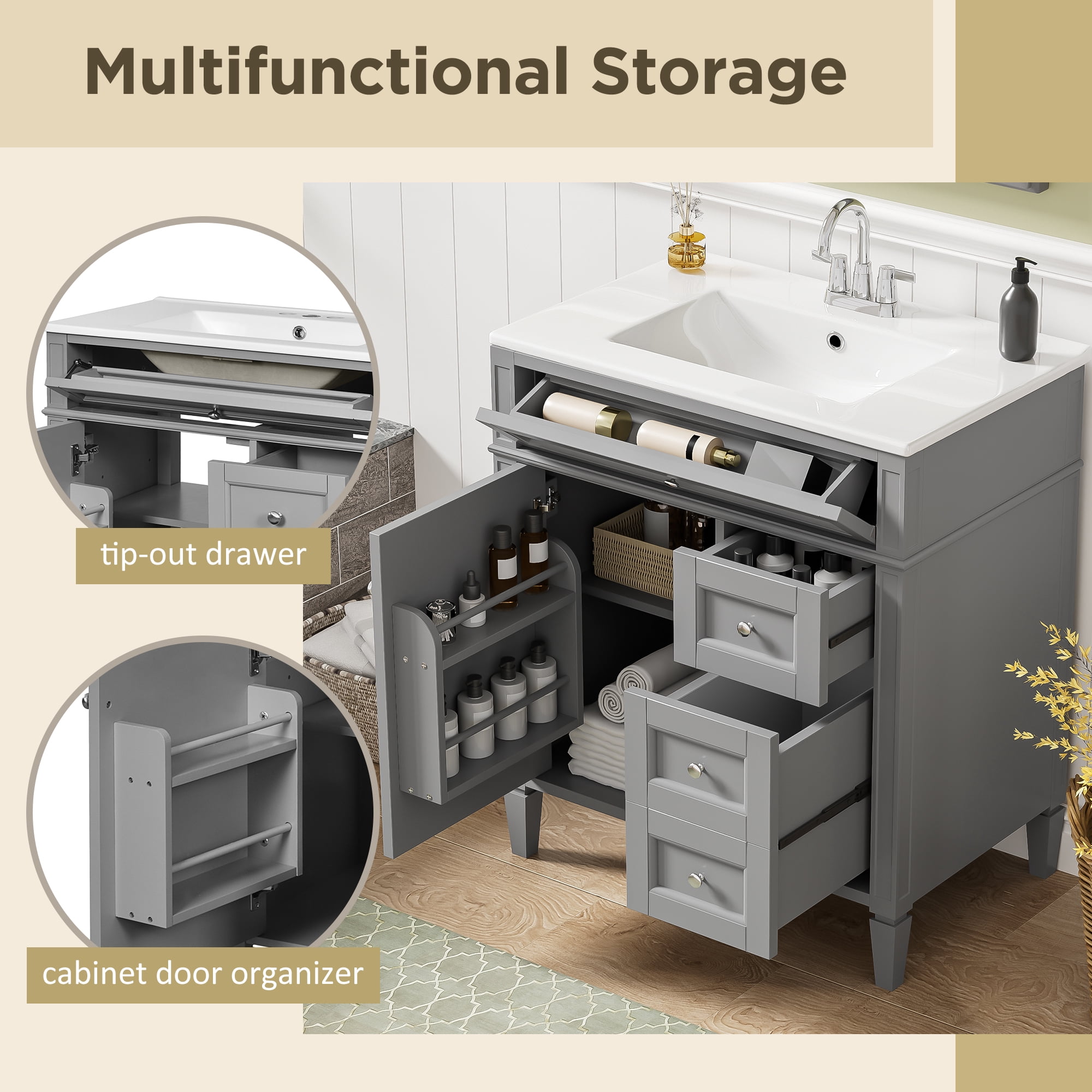 30" Bathroom Vanity with Top Sink, Modern Bathroom Storage Cabinet with 2 Drawers and a Tip-out Drawer, Single Sink Bathroom Vanity