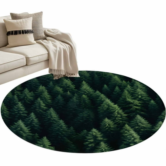 Green Forest Round Area Rug 3 FT, Small Kitchen Bathroom Mat, Modern Pine Trees Mysterious Art Washable Indoor Outdoor Throw Runner Carpet Non-Shedding Doormat for Table Shower Sofa Entryway