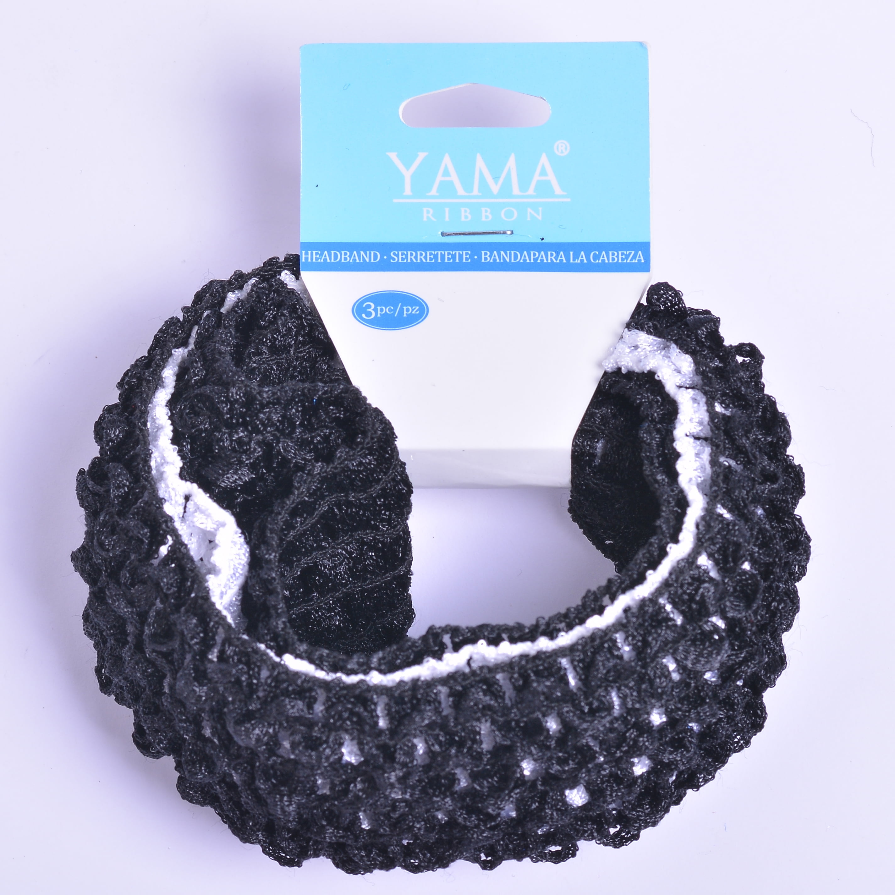Yama Ribbon, Female Girls Child Accessories Knit Croch Headband in Black & White, 3 Counts