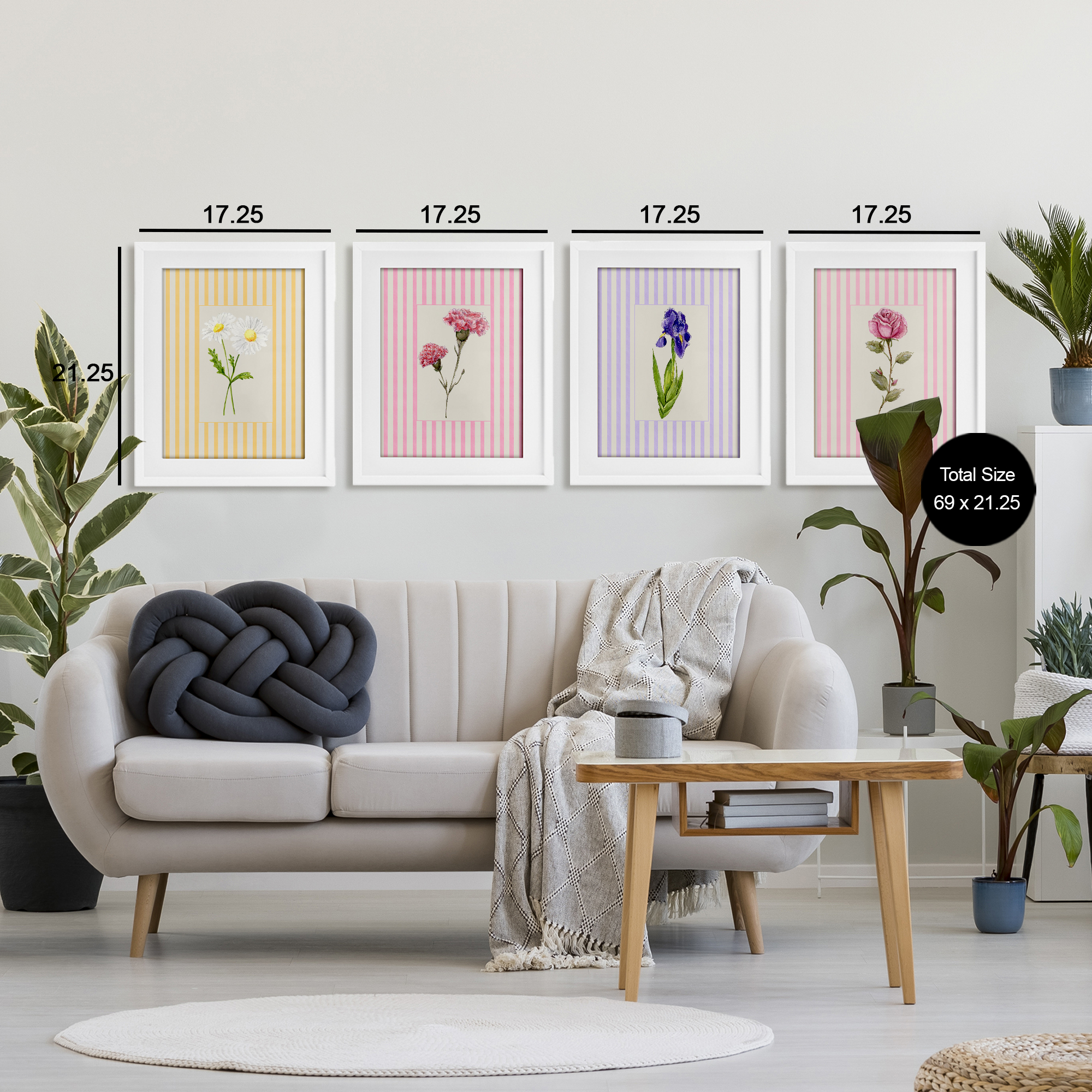 Cottage Stripe Sprigs 4 Piece White Framed Print Under Glass Set, design by Lisa Wehmeyer