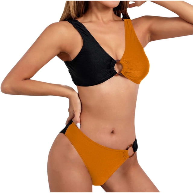 Trajes de Baño de Bikini de Mujer, Bloqueo de Color Sexy Correa sin Espalda Bikini, Traje de Baño de Corte Alto Retro