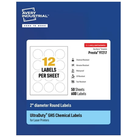 UPC: 0194793901771 | Avery UltraDuty GHS Labels  Waterproof  2 Inch Round Labels  Pack of 600 White Labels for Use with Laser Printers