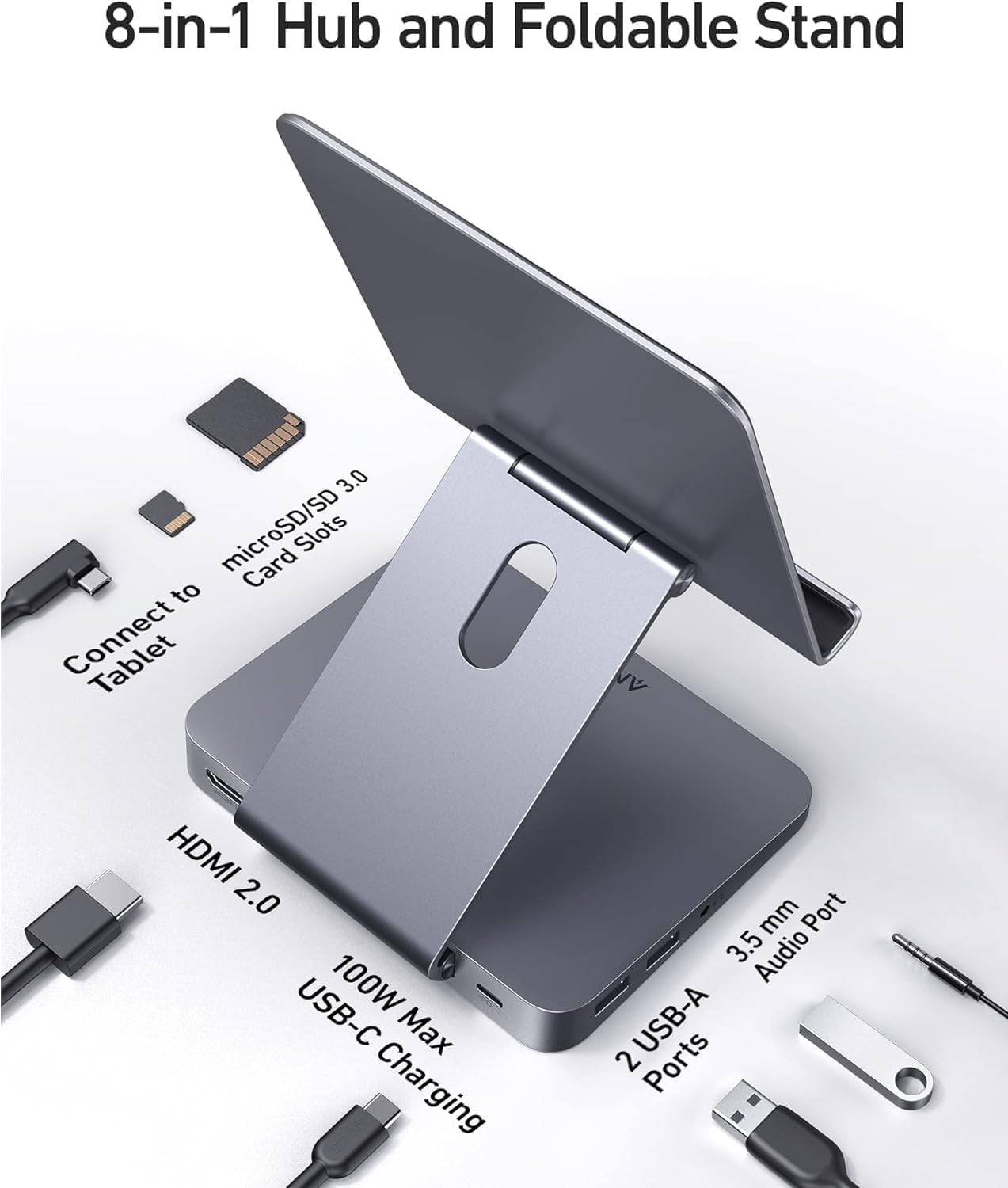 Anker , 551 USB-C Hub (8-in-1), with Foldable Tablet Stand, Dock, 4K HDMI, 2 USB-A Data Ports