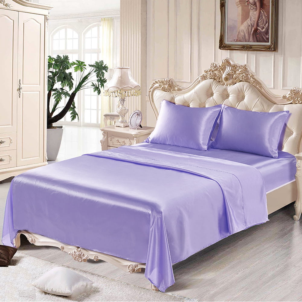 Anminy Satin Silk Sheet Set Deep Pocket Bed Flat Fitted Sheet Full Purple 3 Pieces Walmart
