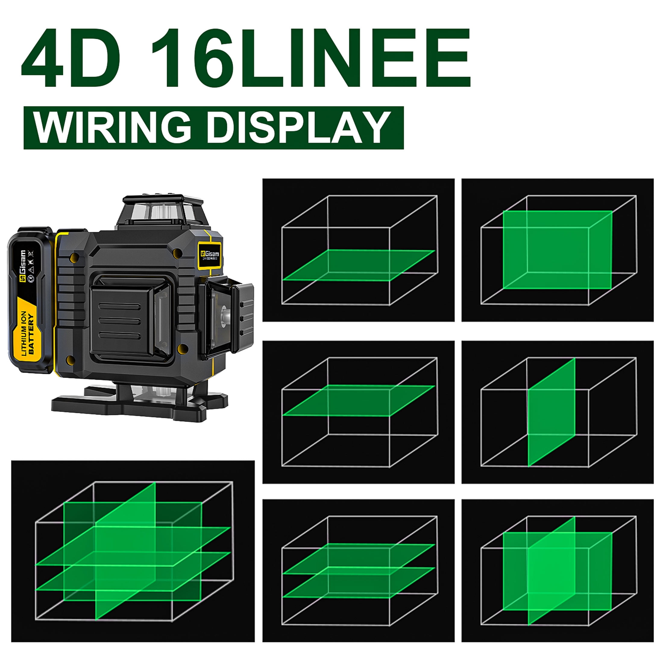 Gisam Laser Level,  4x360° Self-Leveling Green Cross Line 4D 16 Lines Laser  Metal Window Tool with Remote Control , 2* 4800mAh Battery, Magnetic & Liftable Bracket