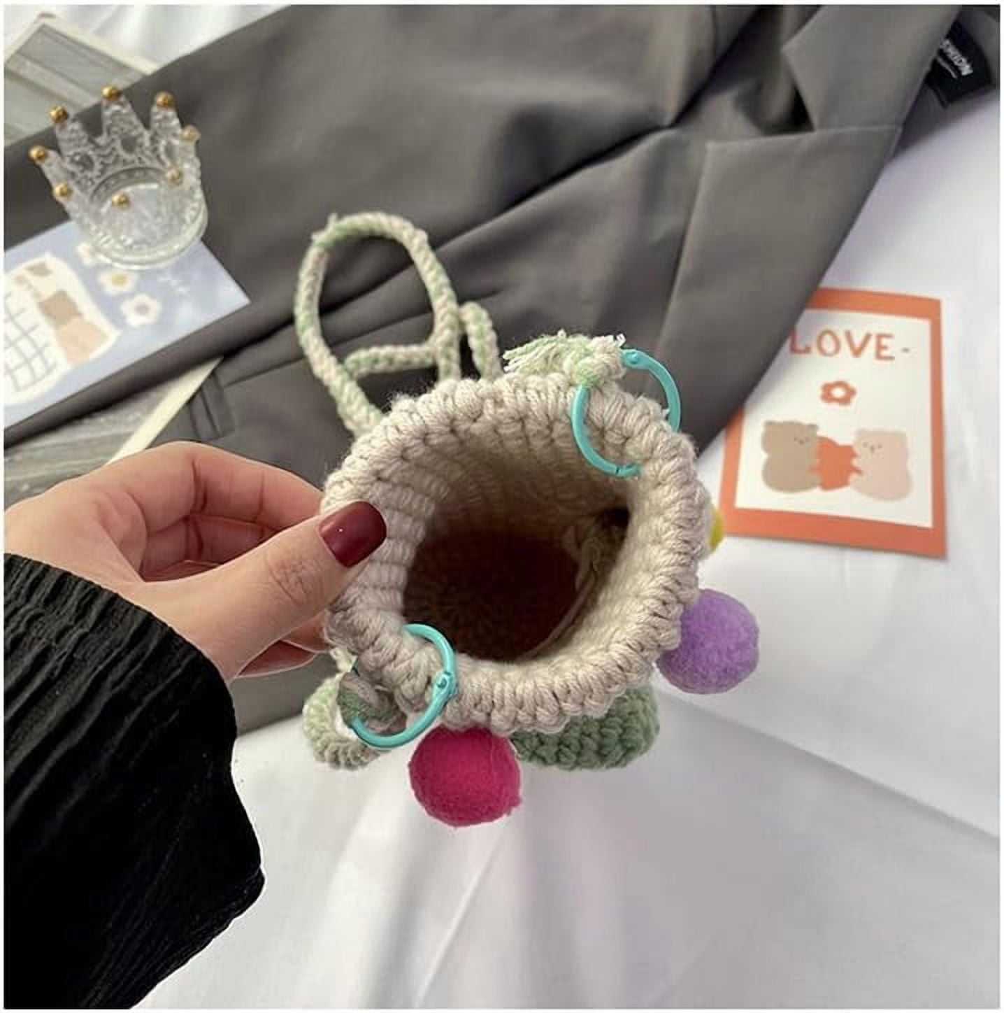 JennyShop Women Knitted Glove Shaped Crossbody Bag Pretty Shoulder Bag Crochet Cell Phone Bag with Mushroom Decoration