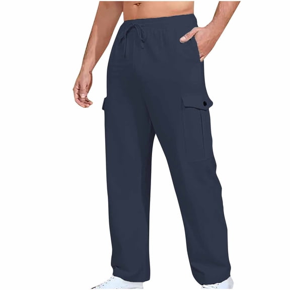 Klisyaur Mens Cargo Pants for Outdoor Straight Leg Long Pant with Pockets Drawstring Elastic Waist Casual Hiking Work Trousers