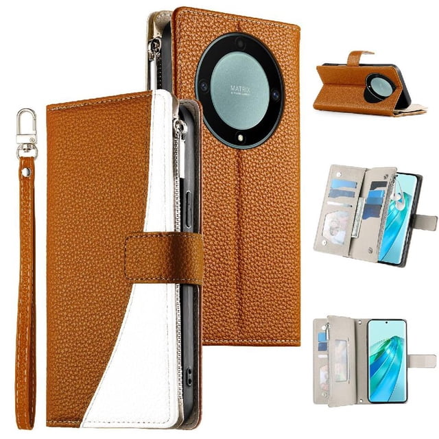 Funda cartera GANGXUN para Honor X9A , cuero PU con tarjetero, cremallera, correa de mano, soporte y protección 1388°