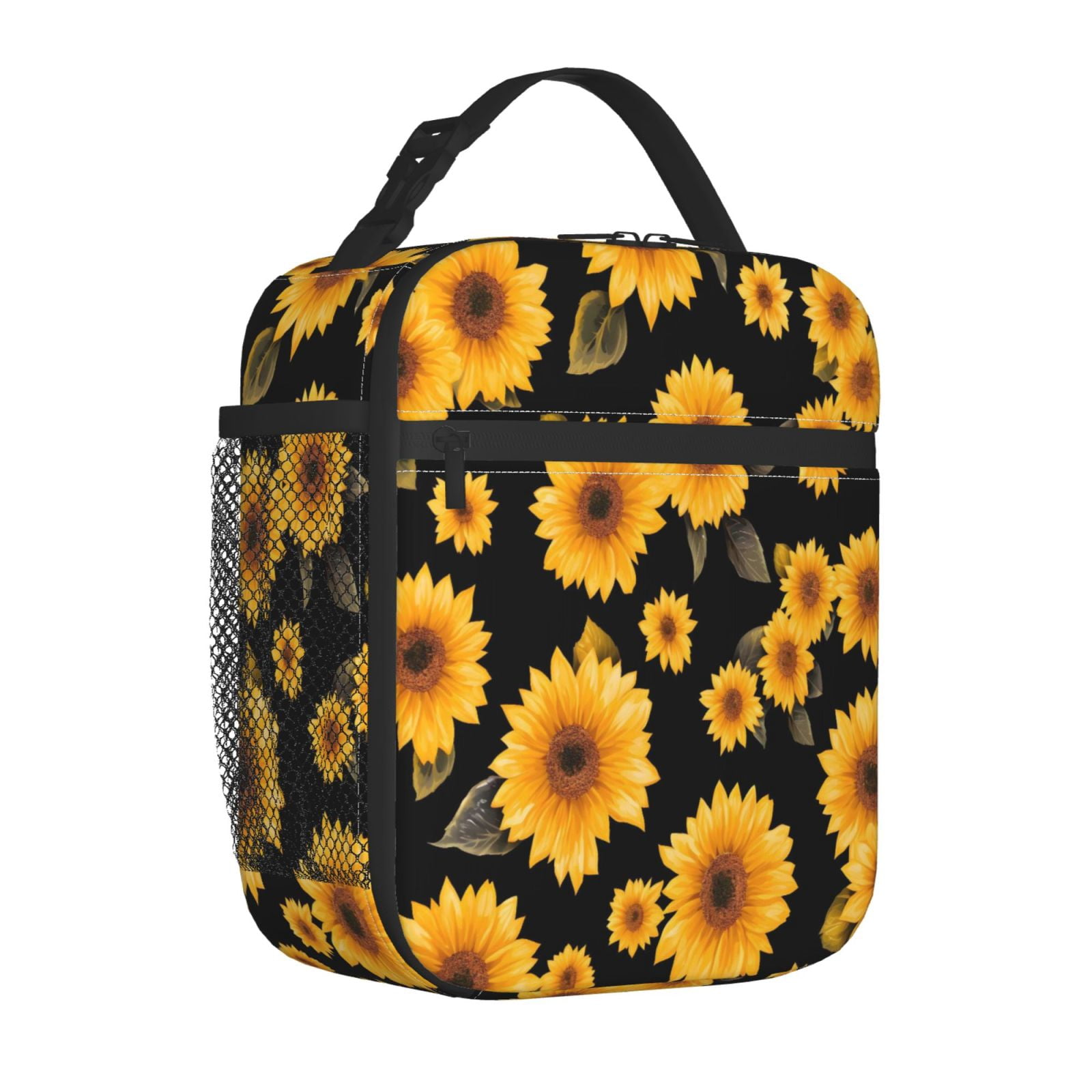 Lunch Bag For Women Men Insulated Portable Lunch Box Bento Box Office Picnic Travel Cooler Bag Yellow Sunflowers Black Background