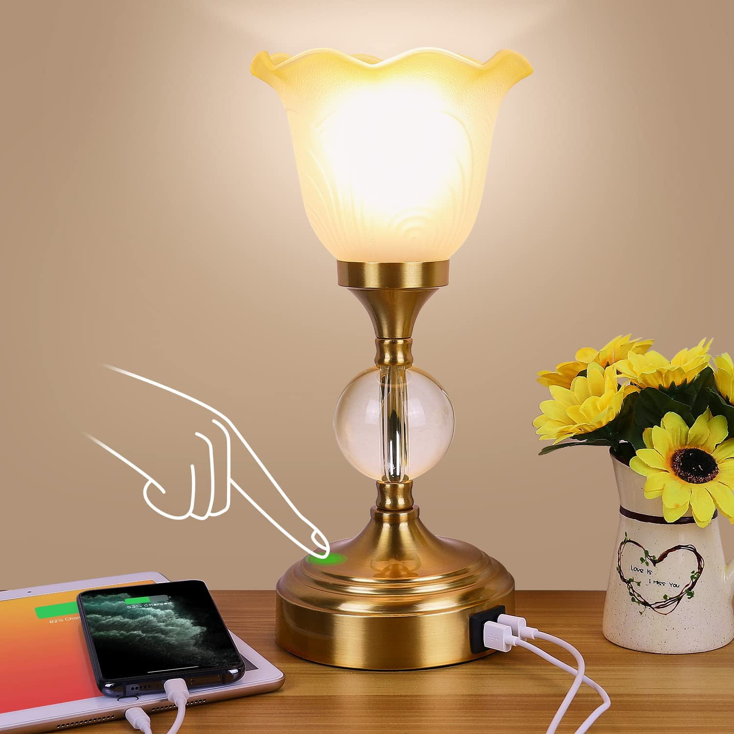 Qingmiao Crystal Table Lamp,Golden Touch Control Table Lamp, Bedside