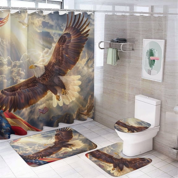 4 Piece Shower Curtain Sets Bathroom Decor Set with Non-Slip Rugs Toilet Lid Cover And Bath Mat American Flag with Eagle Waterproof Shower Curtain 4th of July for Bathroom Decor Set