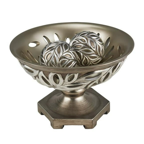 13 in. Leaf Polyresin Decorative Pedestal Bowl with Orbs, Brushed Silver