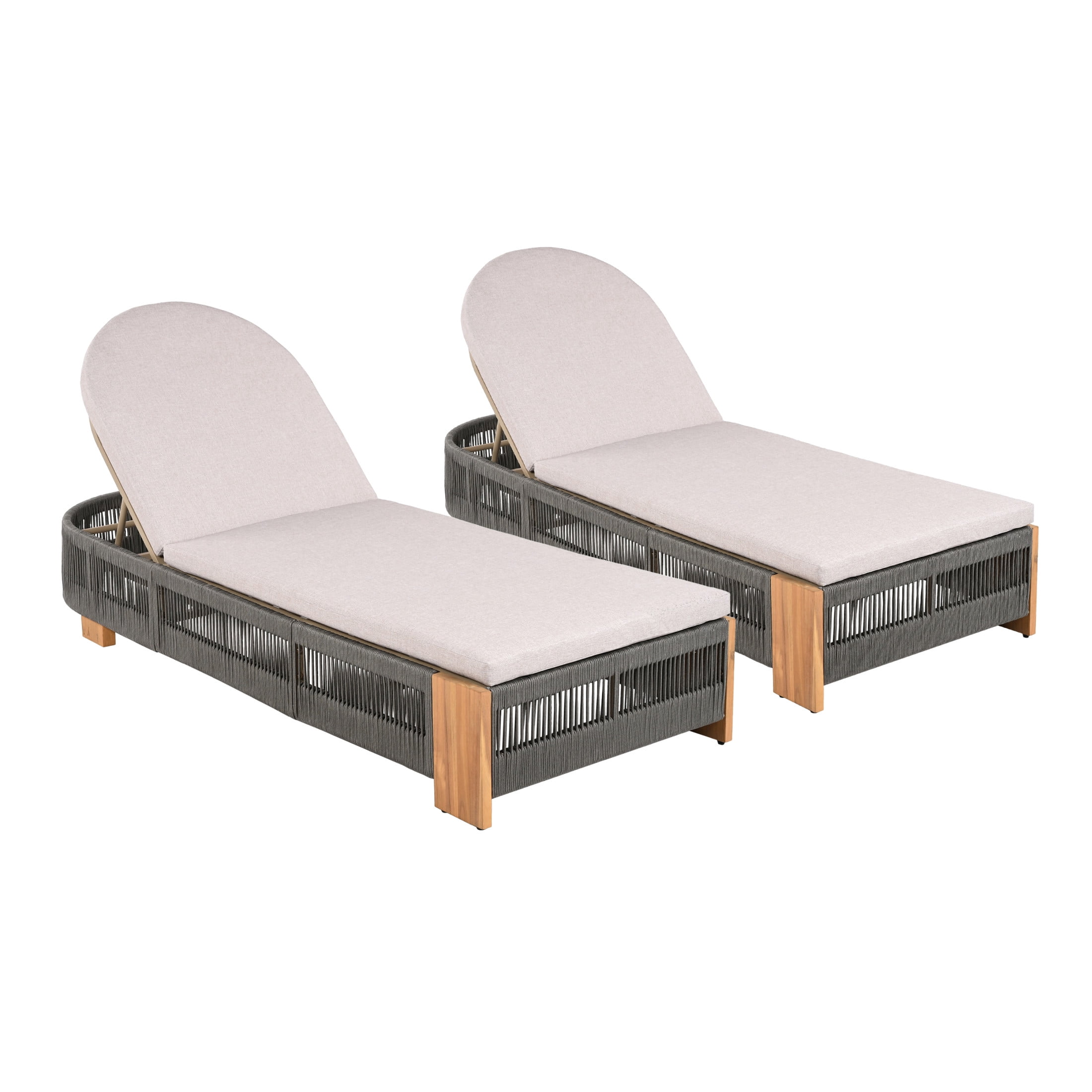 Chaise Lounge With Cushion, Teak look wood & Grey rope & Natural Metal