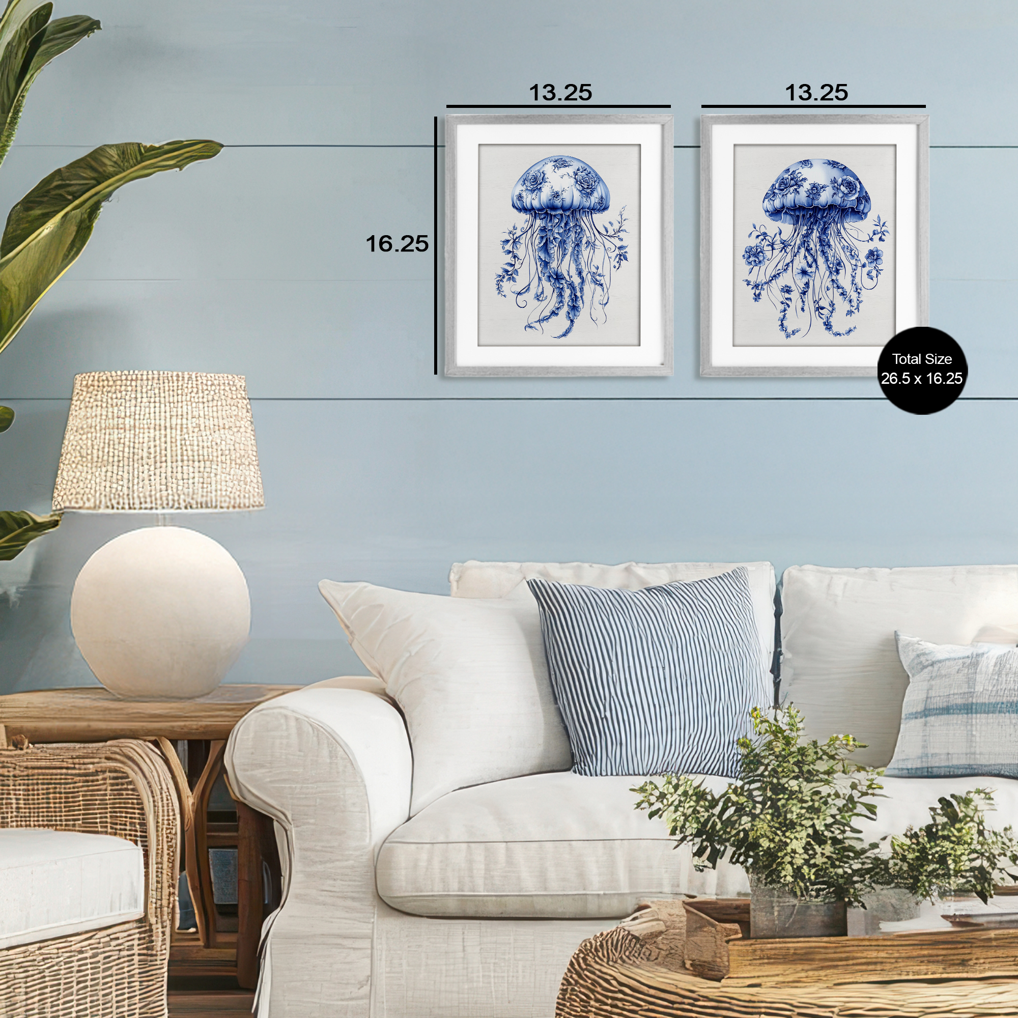 Funky Florals Toile Jellyfish 2 Piece Gray Framed Print Under Glass Set, design by Lettered and Lined