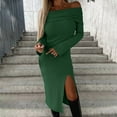 thumbnail image 2 of Elainilye Fashion Off the Shoulder Dresses for Women Spring Solid Long-Sleeved Slit Long Dresses Concert Outfit,Green, 2 of 7