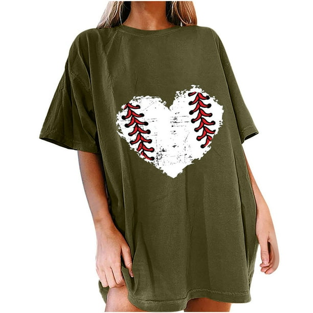 Tops de manga corta con hombros caídos informales de verano para mujer, camisetas divertidas con cuello redondo y estampado de béisbol OAVQHLG3B Store lin121212