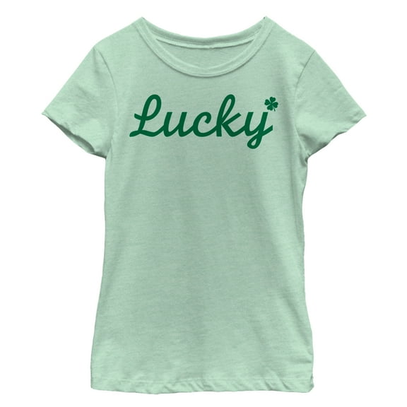 Girl's Lost Gods St. Patrick's Day Lucky Cursive With 4 Leaf Clover Graphic Tee Mint X Small