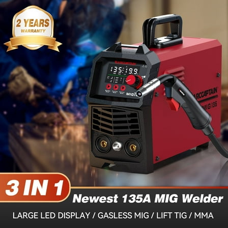 ARCCAPTAIN 135A MIG Welder 110V 3-in-1 Flux Core/Lift TIG/Stick IGBT w/Synergy｜Large LED Display｜2T/4T｜Gasless