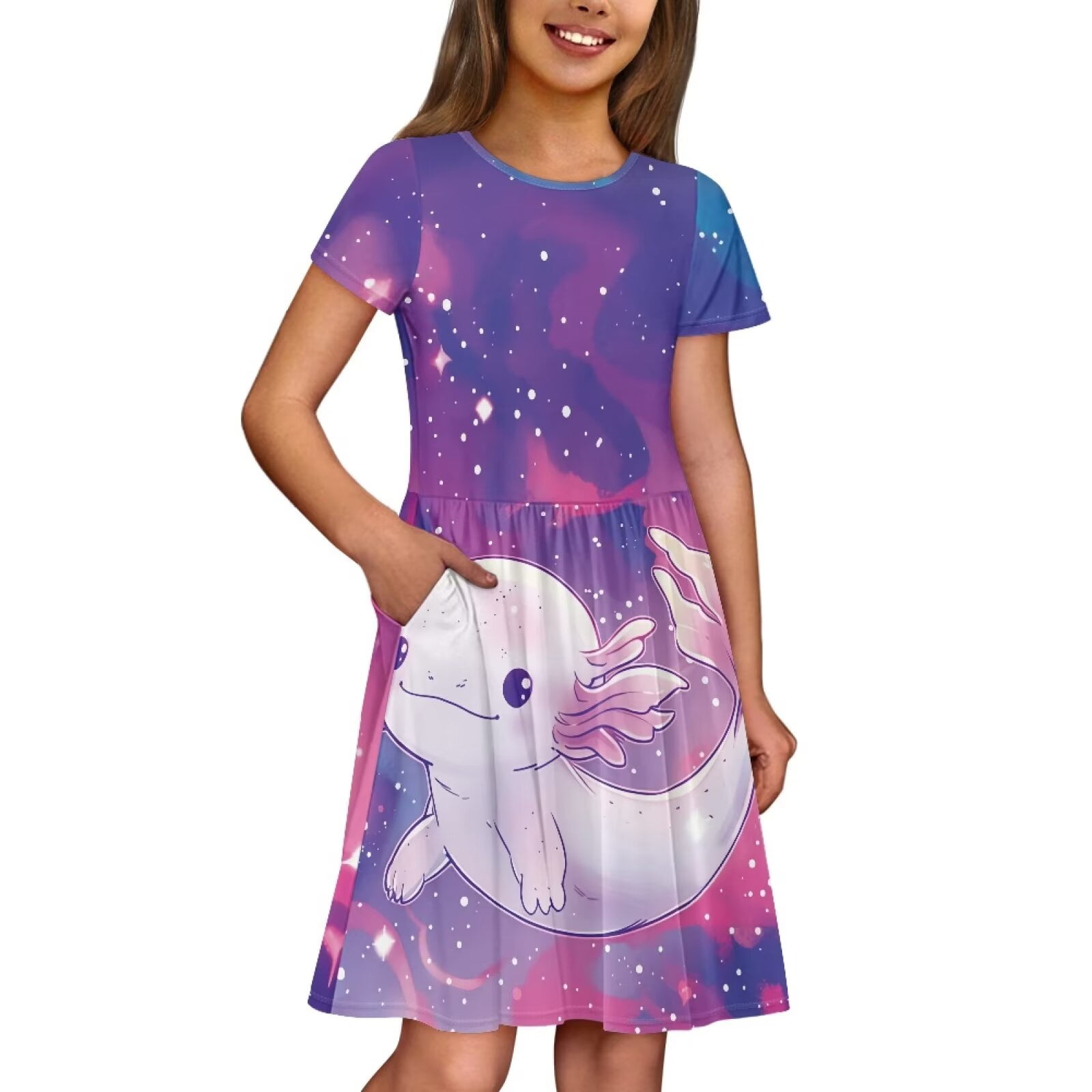 Uourmeti Axolotl Cute Swing Dress Summer Short Sleeve Dresses Casual Soft Crew Neck Knee Length A-Line Dress with Pockets for Girls 2-14 Years Old