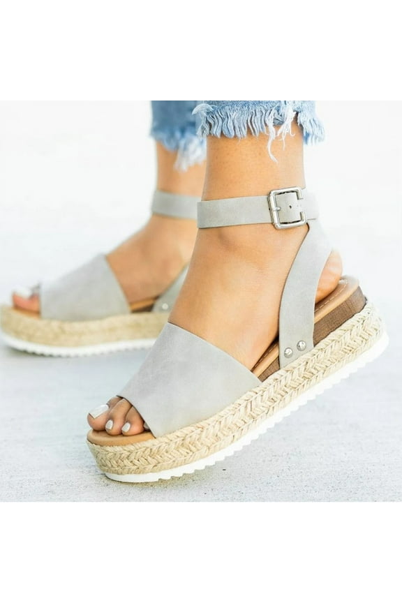 UTTOASFAY Sandals for Women Woman Summer Sandals Open Toe Casual Platform Wedge Shoes Casual Canvas Shoes Gray 9