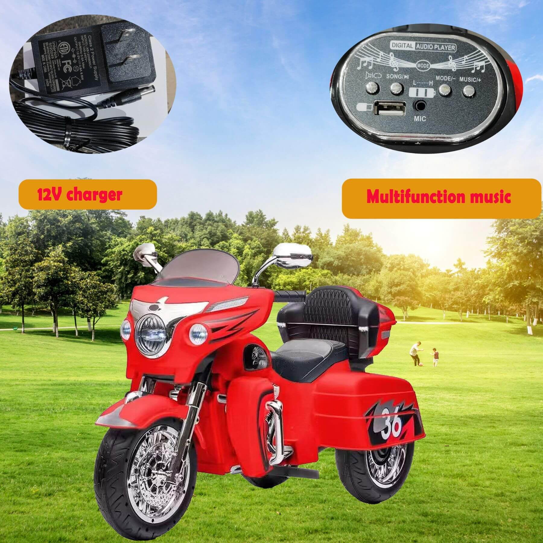 Tamco 12V Kids Electric Ride On Motorcycle with Two Seat and 3 Wheels, Red