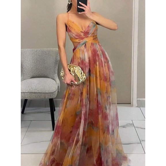 Orange Watercolor Mesh Spaghetti Strap Maxi Dress With Cutout Waist For Vacation Party