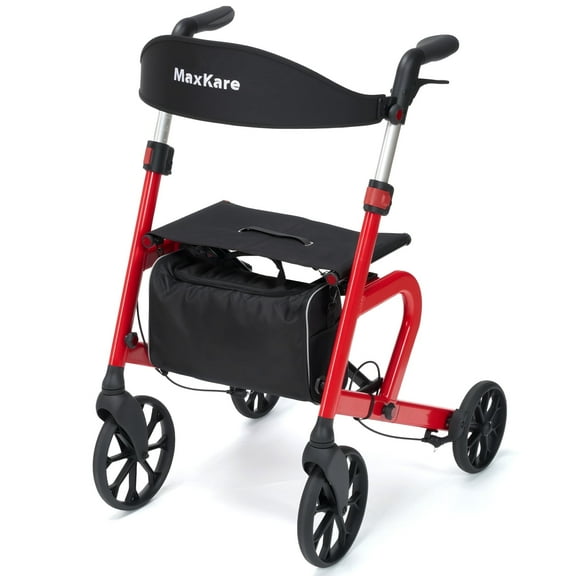 MaxKare Rollator Walker with 10” All Terrain Wheels, 8 Level Adjustable Handle, Foldable Walkers for Seniors with Seat & Backrest