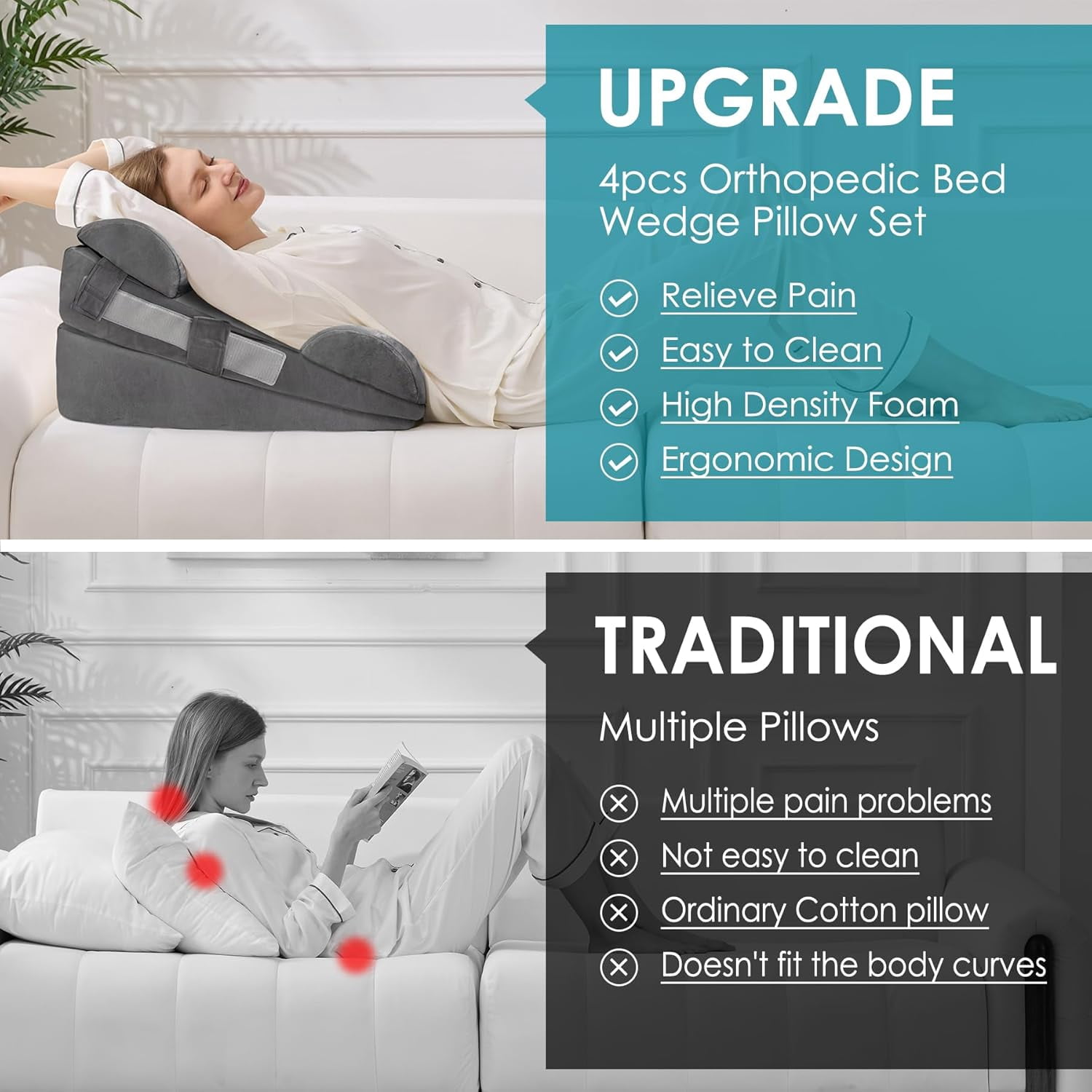 4Pcs Wedge Pillow Set for After Surgery,Acid Reflux Relief, Adjustable Bed Wedge Pillows for Sleeping,Anti Snore, Memory Foam Triangle Pillow for Back&Neck&Shoulder Pain Relief, Plush Grey